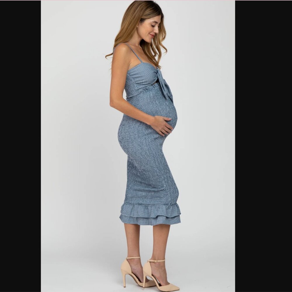 PinkBlush Blue Gingham Print Smocked Fitted Self-Tie Maternity Midi Dress